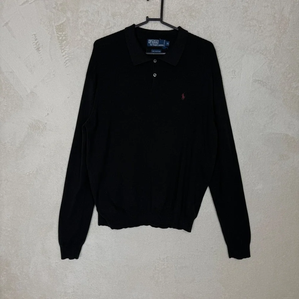Polo Ralph Lauren Mens XL Black Pima Cotton Long Sleeve Knit Polo Sweater Preppy